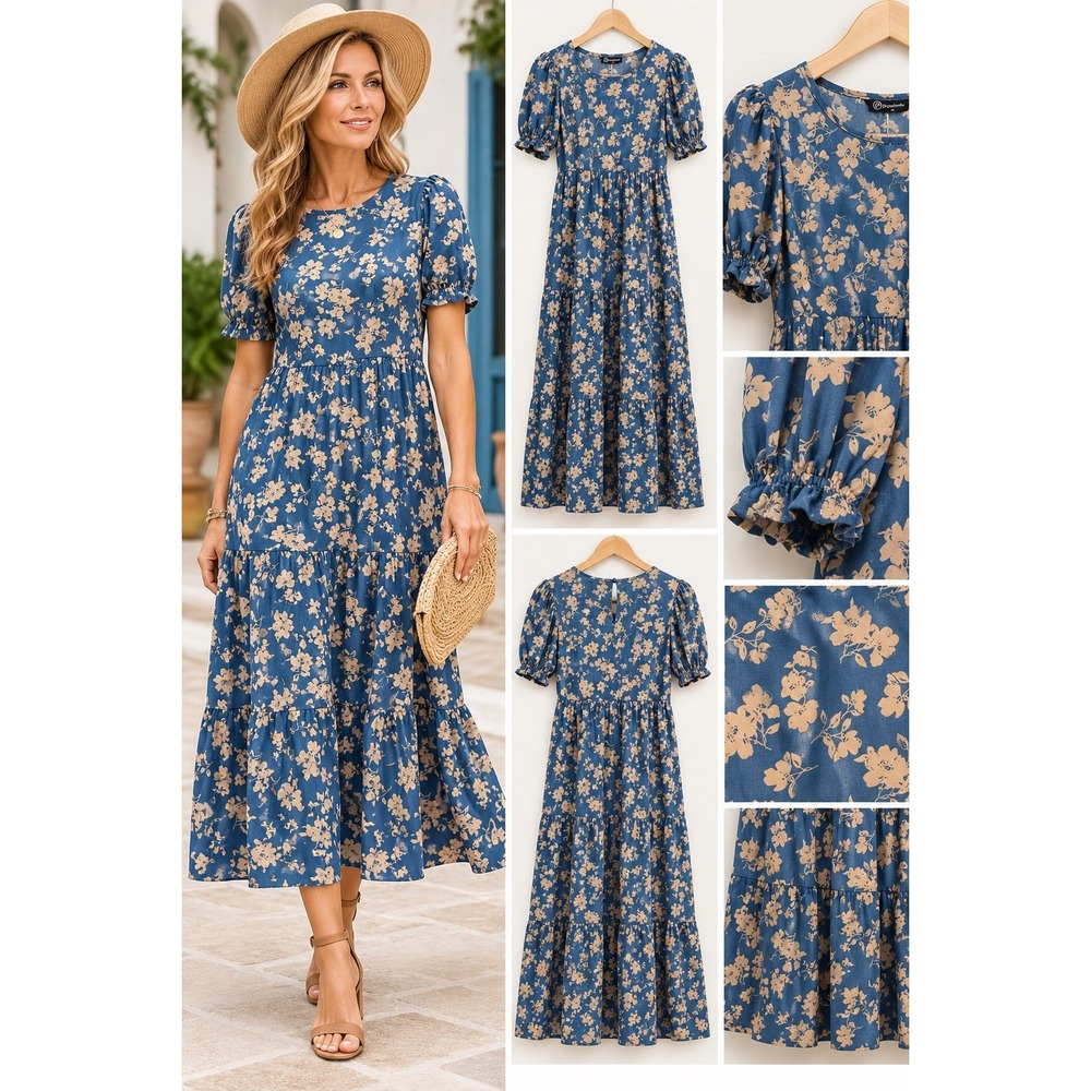 NWT pretty garden women's BoHo floral, print, puff sleeve, tiered dress Lg Y2K